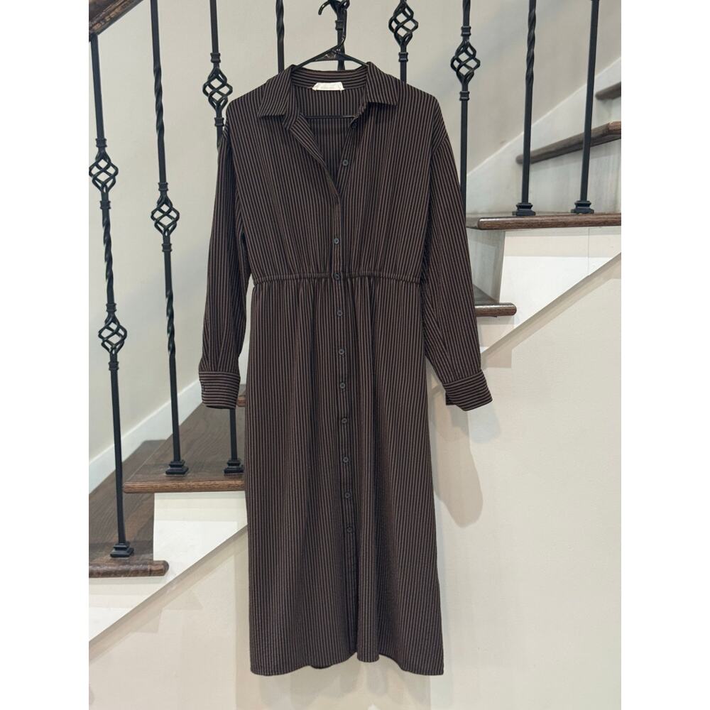 Everlane Mini Jacquard Stripe Shirt Dress Brown Button-Down Midi Size M - Picture 6 of 8